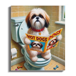 Funny Shih Tzu Dog On Toilet Canvas, Bathroom Decor, Pet Lover Gift image 2