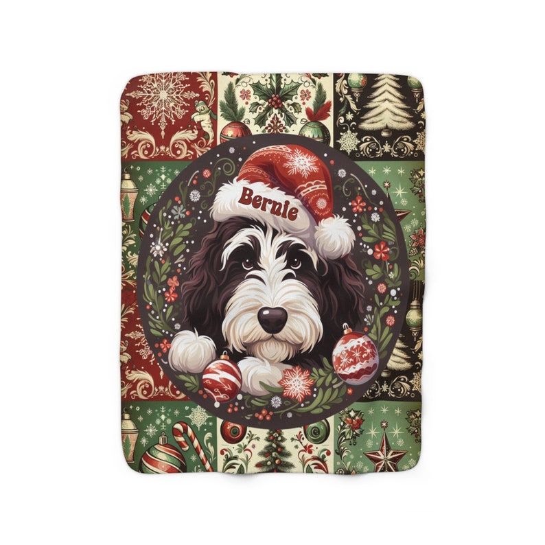 Sweet Bernie The Bernedoodle, surrounded by amazing Christmas motif, captured on a gorgeous sherpa fleece blanket!