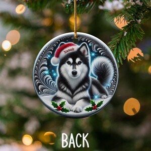 Black Husky Keepsake, Personalized Santa Hat Ornament | Sublimation Ceramic | 3 Inch Glossy Holiday Decor image 4