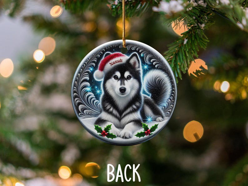 Black Husky Keepsake, Personalized Santa Hat Ornament | Sublimation Ceramic | 3 Inch Glossy Holiday Decor image 4