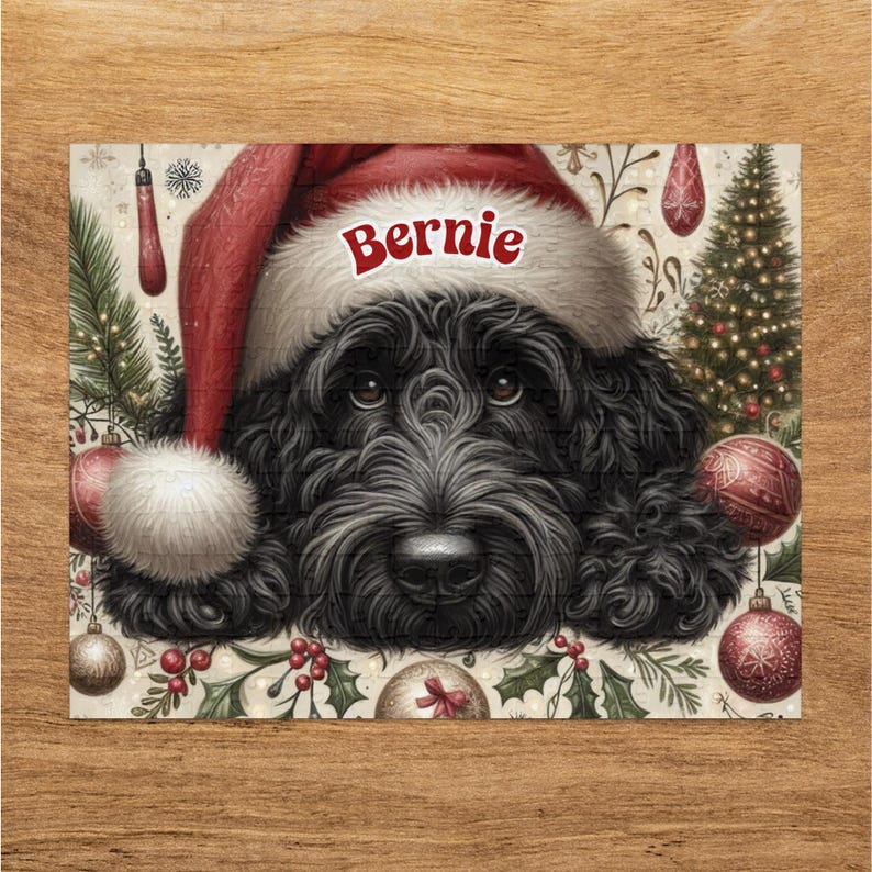 Rompecabezas navideño personalizado de perro Black Doodle, regalo festivo para mascotas imagen 1
