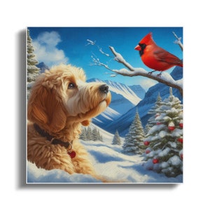 Cuadro de perro Doodle y cardenal, escena invernal. imagen 2
