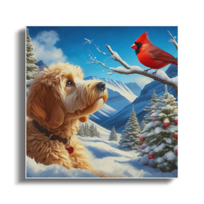 Cuadro de perro Doodle y cardenal, escena invernal. imagen 2