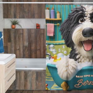 Bernedoodle shower curtain, personalized bath decor, custom dog curtain, pet name bathroom, durable polyester curtain, one-sided print decor, unique dog gift, cute bathroom accessory, dog lover home decor,bernedoodle bath, customizable shower curtain
