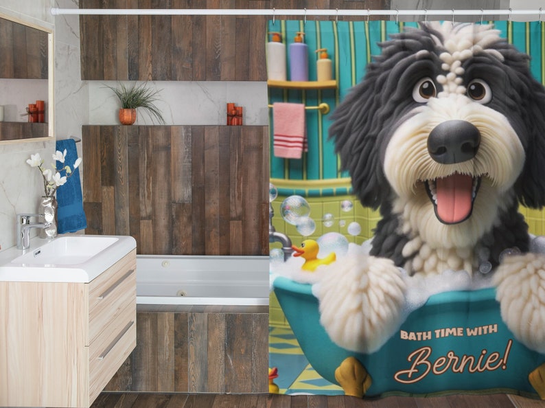 Bernedoodle shower curtain, personalized bath decor, custom dog curtain, pet name bathroom, durable polyester curtain, one-sided print decor, unique dog gift, cute bathroom accessory, dog lover home decor,bernedoodle bath, customizable shower curtain