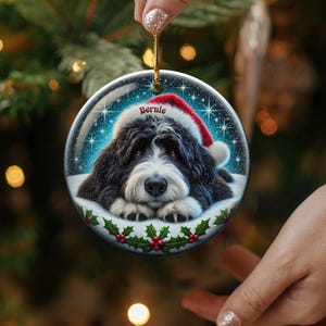 Bernedoodle-Weihnachtsschmuck: Festliche Keramikdekoration – personalisiertes Erinnerungsstück mit Sublimationsdruck, Geschenk für Tierliebhaber, beidseitiges Welpenmotiv Bild 6