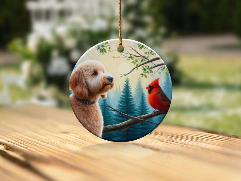 Cardinal and Doodle Dog Ceramic Ornament, Oil Paint Design image 8
