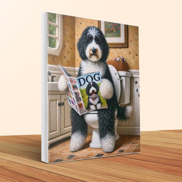Funny Bernedoodle on Toilet Canvas, Dog Lover Bathroom Art (20x24)