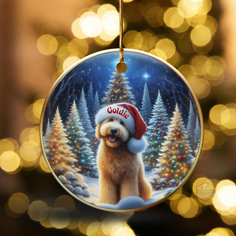 May include: Round Christmas ornament featuring a golden doodle dog wearing a Santa hat with the name "Goldie". The background shows a snowy forest with Christmas trees. The ornament is hanging with a gold string.