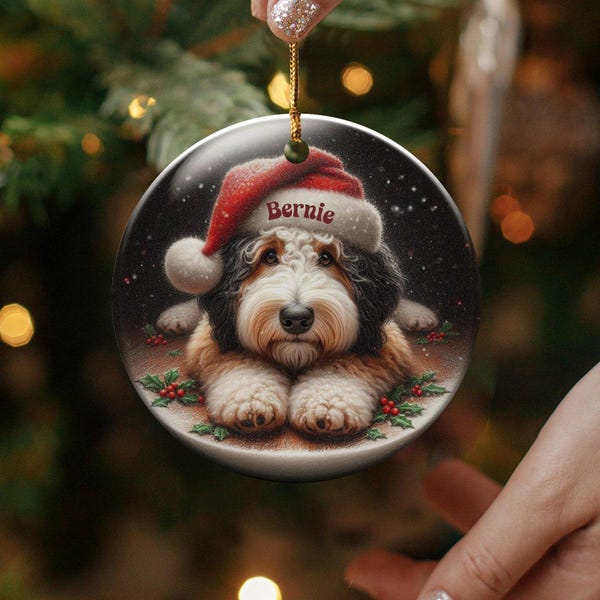 Dog Ornament Santa, Ceramic Bernedoodle Keepsake | Glossy Sublimation - 3 Inch Festive Pet Decoration | Gold String Hanger