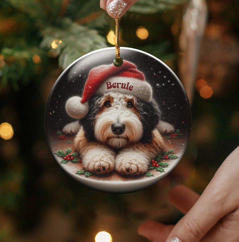 Dog Ornament Santa, Ceramic Bernedoodle Keepsake | Glossy Sublimation - 3 Inch Festive Pet Decoration | Gold String Hanger image 1