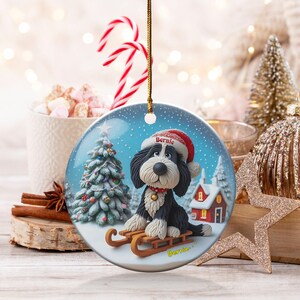 Christmas Ornament, Bernedoodle Sledding Scene | Sublimation Ceramic Decor | 3-Inch Glossy Flat Double-Sided image 2