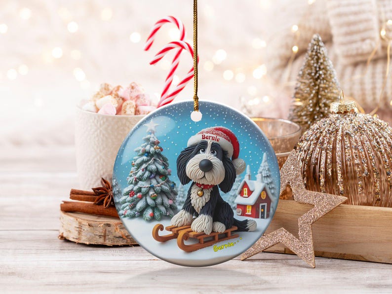 Christmas Ornament, Bernedoodle Sledding Scene | Sublimation Ceramic Decor | 3-Inch Glossy Flat Double-Sided image 2