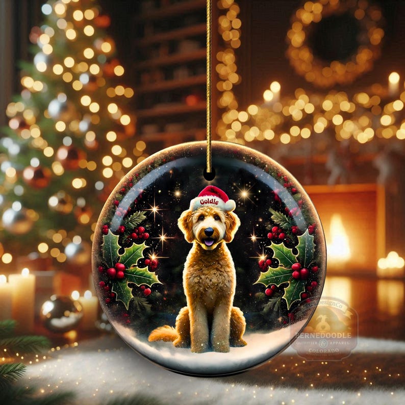 May include: A round Christmas ornament featuring a golden doodle wearing a Santa hat with the name "Goldie" on it. The ornament is decorated with holly and berries, set against a starry night background. A gold string is attached for hanging.