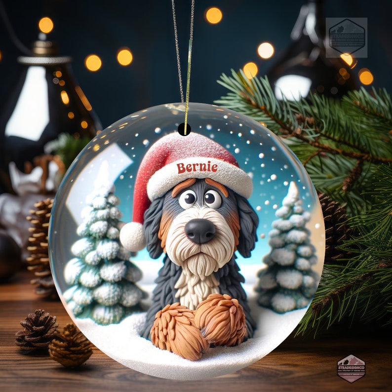 Cute clay style bernedoodle looking worried that Santa isn't coming.  Personalized bernedoodle ornament.