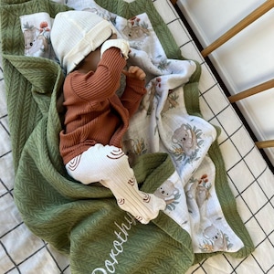 Handmade Personalized Baby, Embroidered Name, Birthday Gift,  Organic Newborn Wrap, Gift for Baby Shower, Stroller or Keepsake,