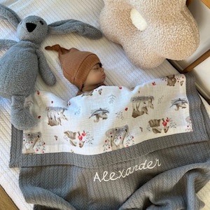 Personalisierte Musselin Baby Decke: Gestickte Name, Waldtiere