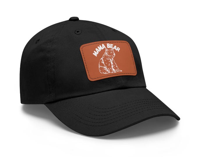 Mama Bear Hat with Leather Patch, Bear Design Cap, White Lettering Baseball Hat, Mom Gift, Mother's Day Gift