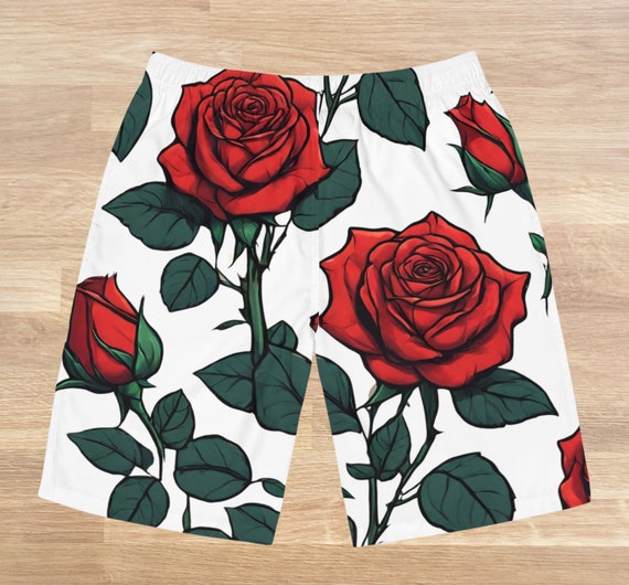Red Rose Garden Board Shorts: Floral Beach Swim Trunks