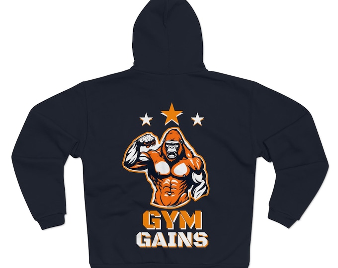 Gym Gains Hoodie, Three Stars, Gorilla, Orange Outline, Workout Jacket, Fitness Zip Up Sweatshirt