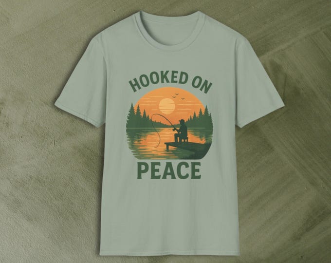 Fishing Lover's T-Shirt | Hooked on Peace Design | Outdoor Adventure, Relaxation, Gift for Dad, Father's Day, Nature Enthusiast