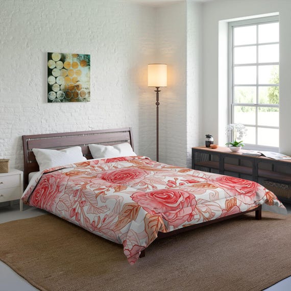 Floral Comforter – Pastel Rose Bedding, Romantic Bedroom Decor