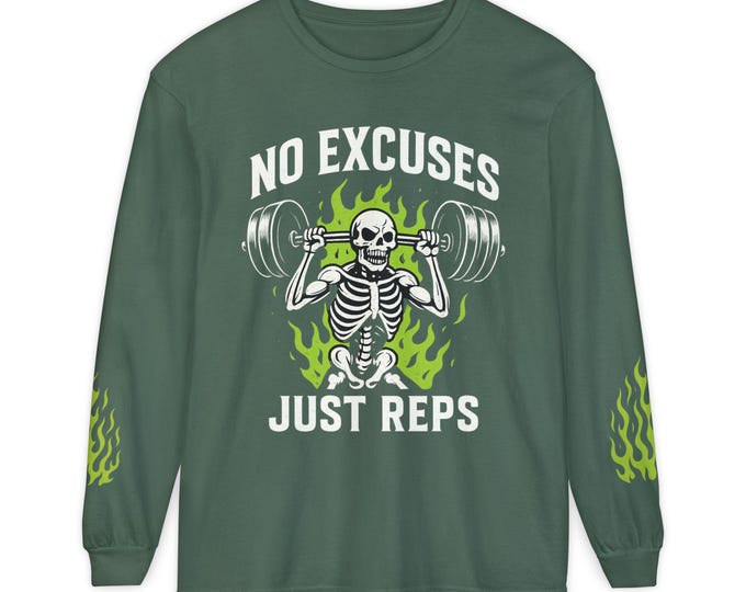 No Excuses Just Reps Skeleton Weightlifting Long Sleeve Shirt | Gym Workout Tee