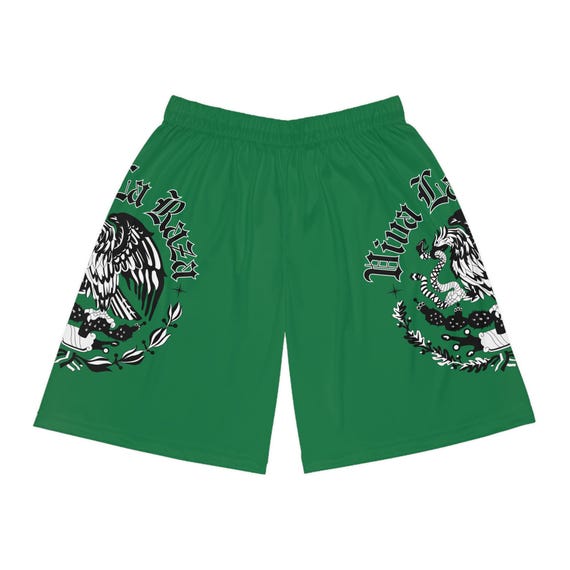 Mexican Eagle Crest Basketball Shorts | Green All-Over Print