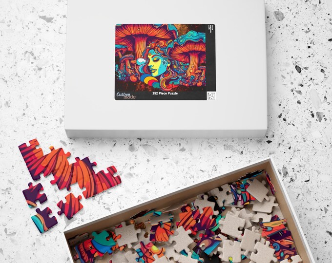 Puzzle, vibrant mushrooms and a girl in the center, Jigsaw for Adults, Challenging Puzzle, Unique Design, Relaxing Activity, Gift for Puzzle