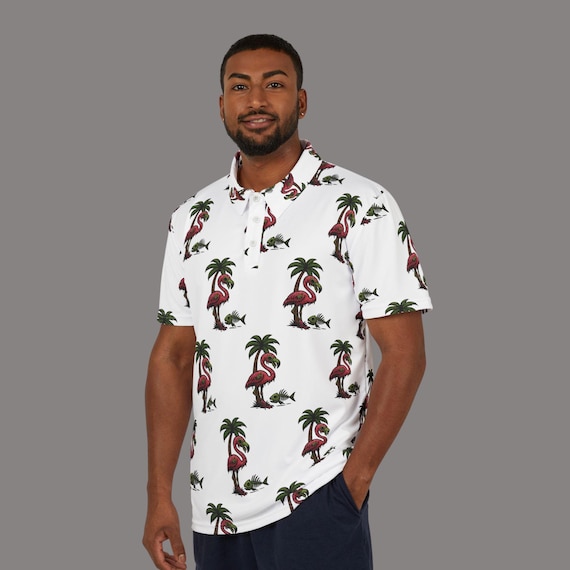 Zombie Flamingo Polo Shirt: Tropical Fish Skeleton Graphic - Halloween Style