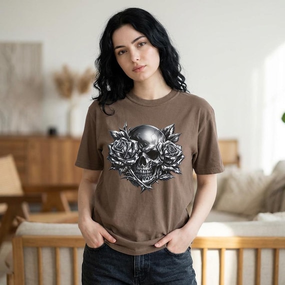 Chrome Skull & Roses Heavyweight Tee | Gothic Streetwear Graphic T-Shirt