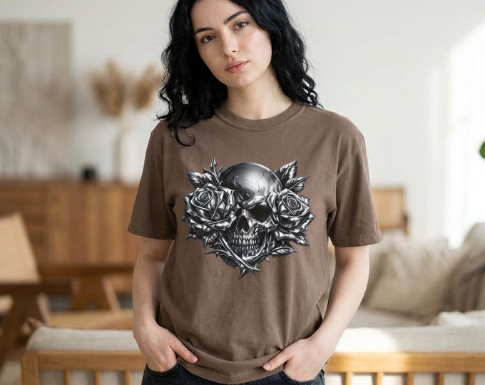 Chrome Skull & Roses Heavyweight Tee | Gothic Streetwear Graphic T-Shirt