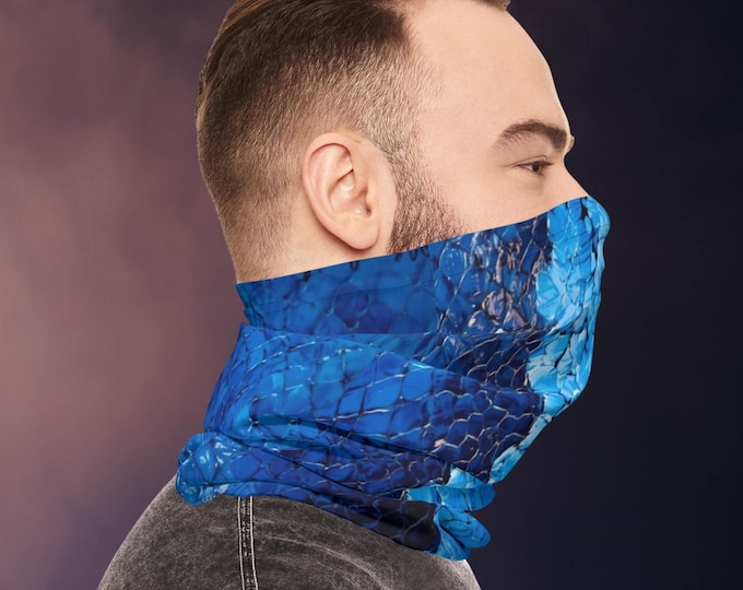 Blue Coral Snake Skin Neck Gaiter, Vibrant Snake Print Scarf