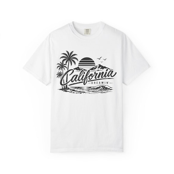 California Surf Vintage Sunset T-shirt | Palm Trees, Ocean Waves, Retro Script