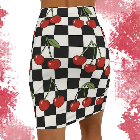 Cherry Checkerboard Pencil Skirt | Black White Retro