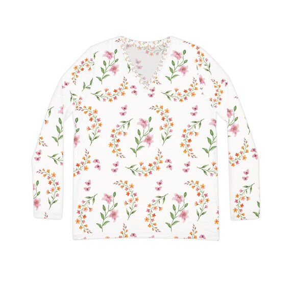 Handpainted Watercolor Floral V-Neck Long Sleeve Shirt | All-Over Print