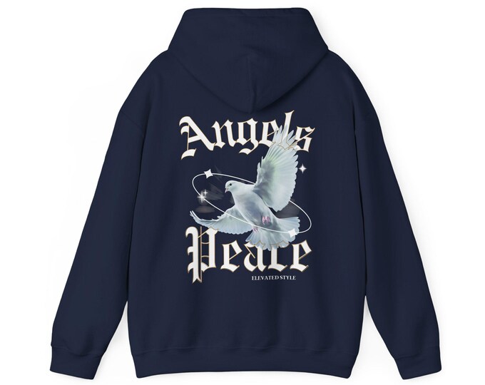 Hoodie, Old School Angels Peace White Dove Lettering, Unisex Sweatshirt, Spiritual Pullover, Vintage Style Jumper, Religious Hooded Top