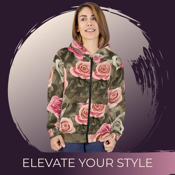 Camouflage Roses Zip Hoodie: Unisex Floral Sweatshirt