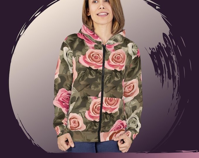 Camouflage Roses Zip Hoodie: Unisex Floral Sweatshirt