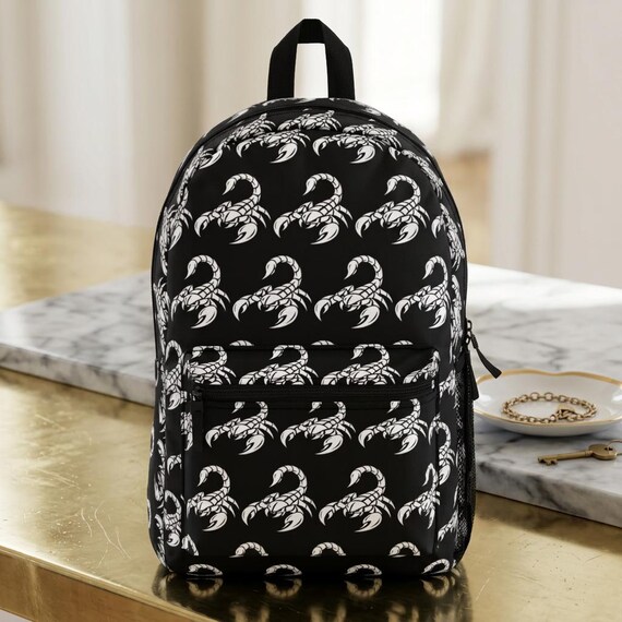 White Celtic Scorpion Pattern Backpack | Black Scorpion Print