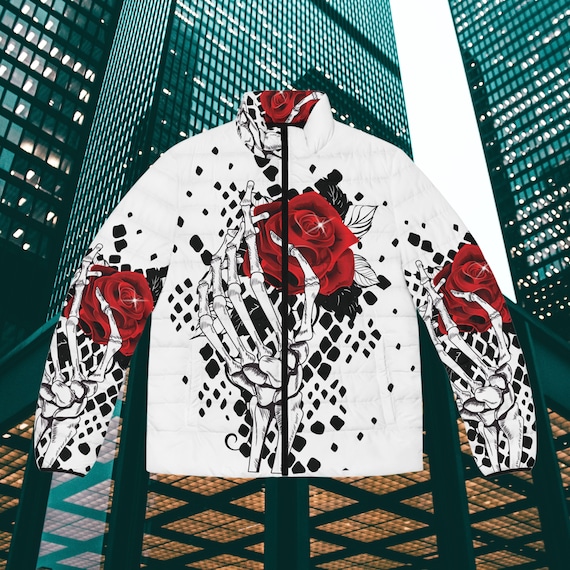 Skeletons Rose Snake Skin Puffer Jacket (AOP)