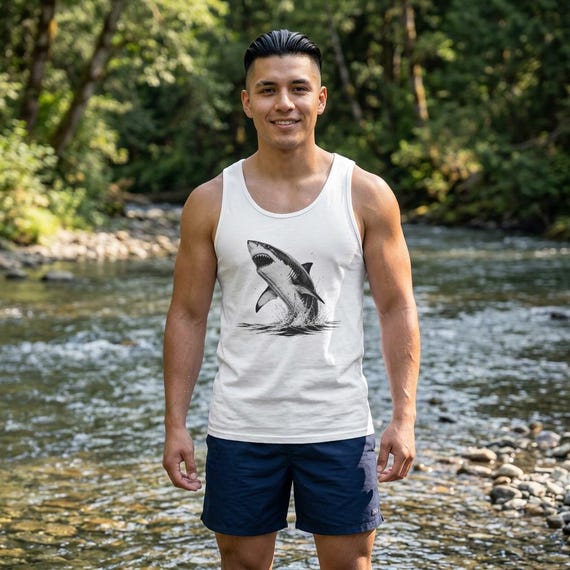 Breaching White Shark Tank Top | Hand-Illustrated Ocean Illustration