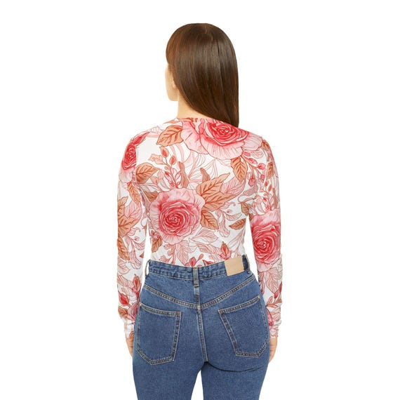 Floral V-Neck Long Sleeve Shirt, Lightweight Women's Top