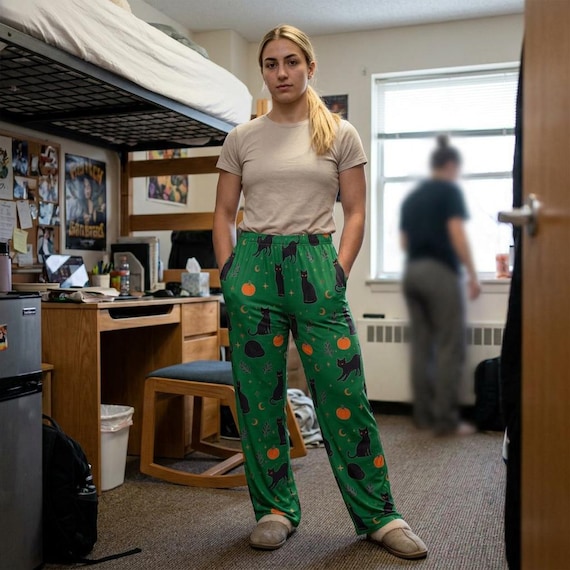 Black Cat Pumpkin Pattern Pajama Pants | Green Halloween Lounge Pants