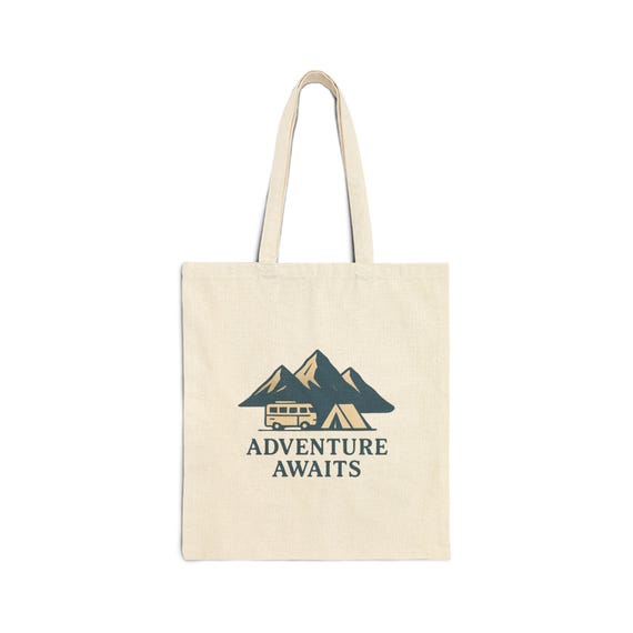 Adventure Awaits Cotton Canvas Tote Bag: RV Camping Mountain Scene