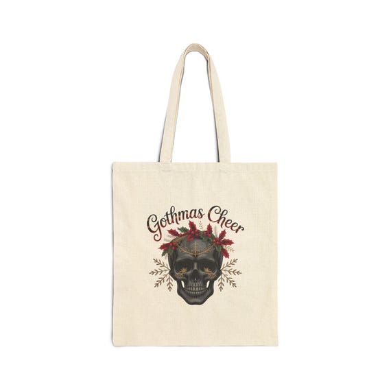 Gothmas Cheer Skeleton Cotton Canvas Tote Bag, Gothic Christmas