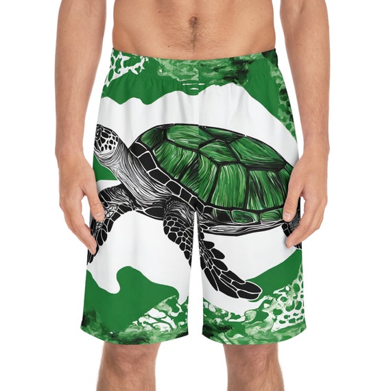Green Turtle Board Shorts: Men's Beach Swim Trunks