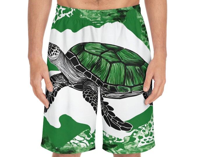 Green Turtle Board Shorts: Men's Beach Swim Trunks