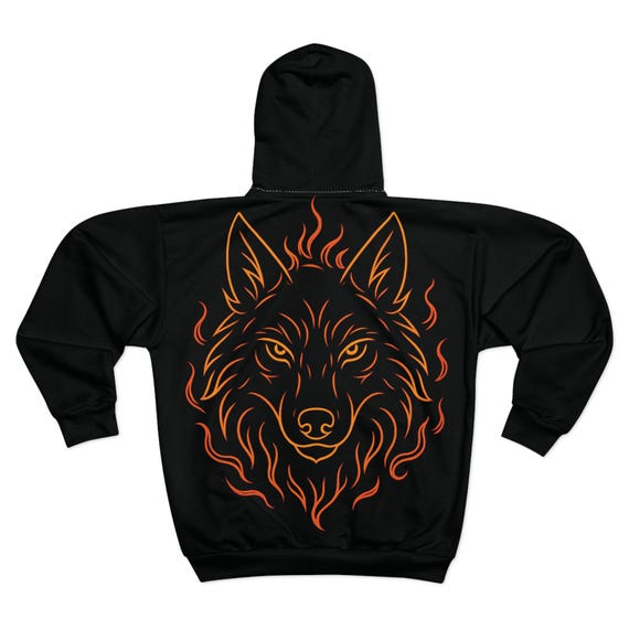 Fiery Wolf Illustration Zip Hoodie | Wolf Head Flame Design