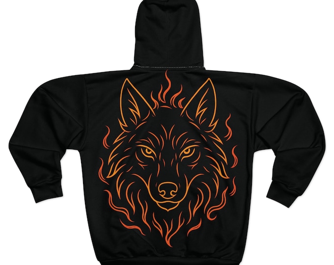 Fiery Wolf Illustration Zip Hoodie | Wolf Head Flame Design